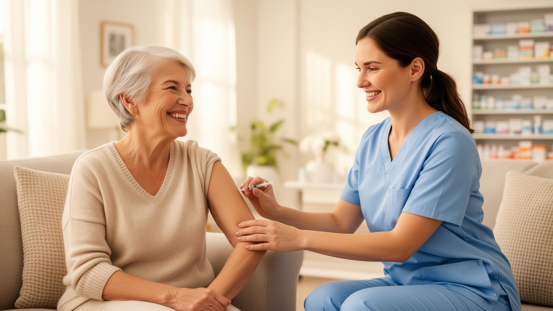 Smiling senior receiving a vaccination at home from a friendly pharmacist